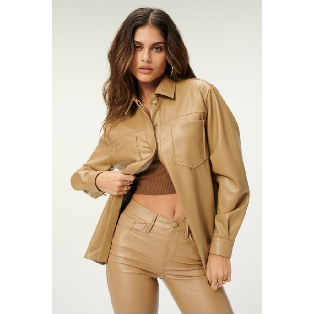 Good American Vegan Leather Split Back Shirt Jacket Shacket Warm Caramel Medium